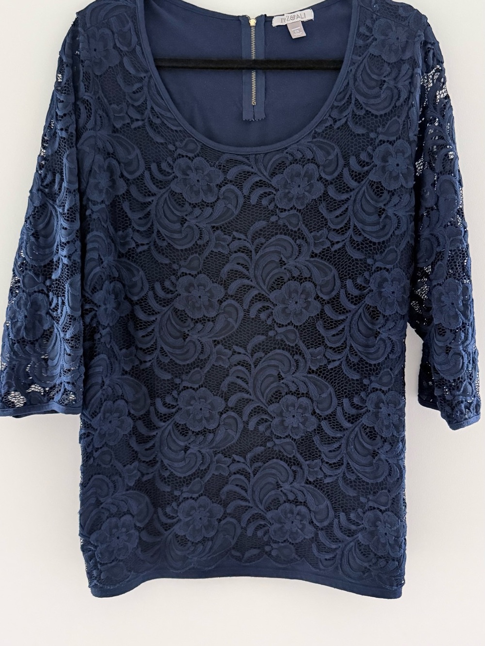 Roz & Ali Navy Lace Scoop Neck Women's Top